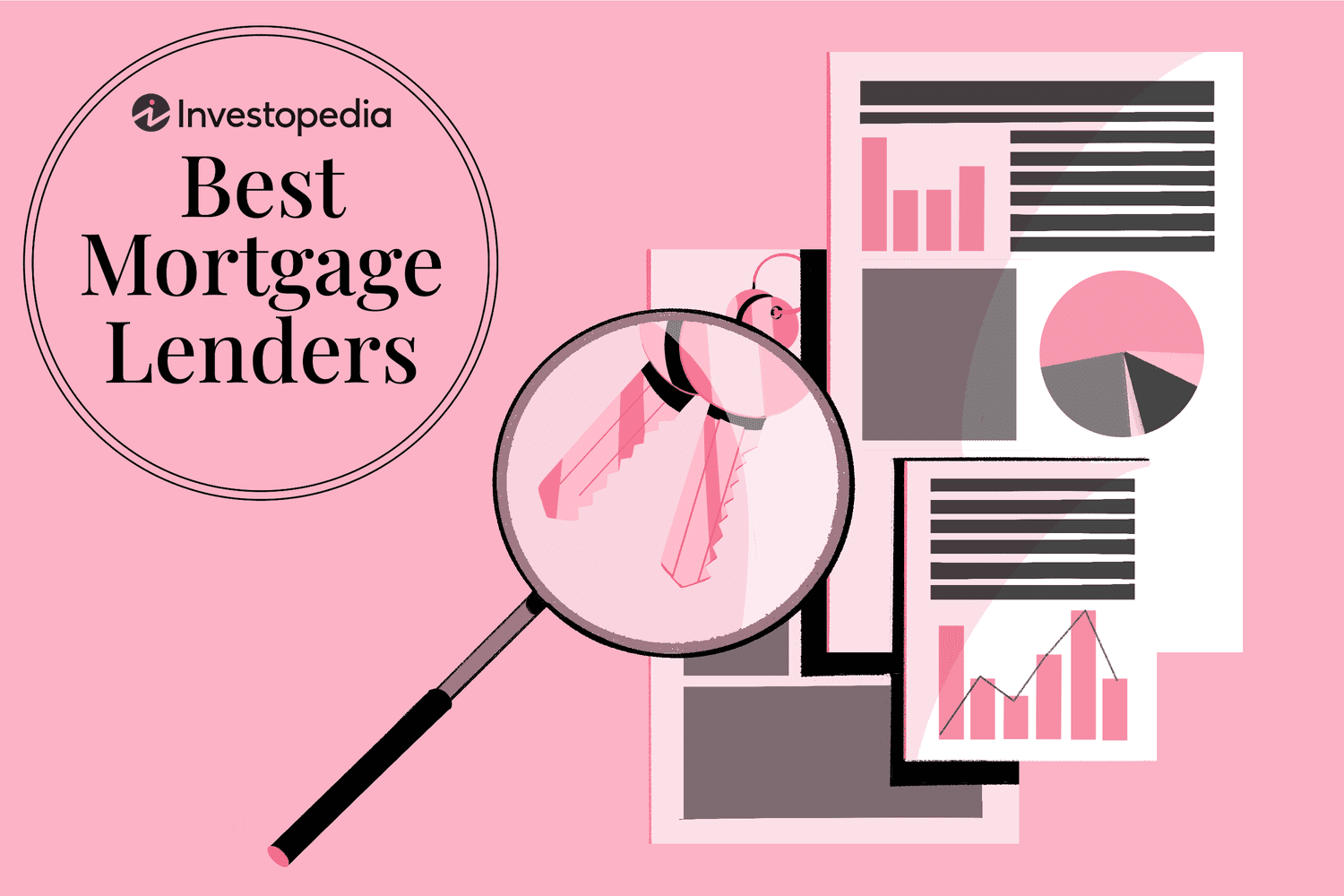 The image shows a pink background with the Investopedia logo at the top. Below the logo, the text reads “Best Mortgage Lenders” inside a circle. A magnifying glass overlays the charts, highlighting a set of keys inside the lens.