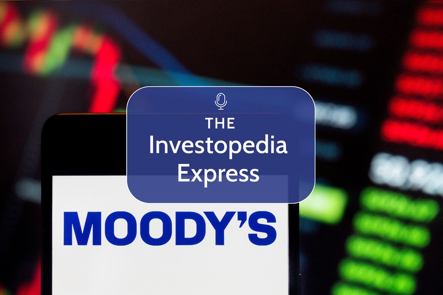 Image of the Moody's logo displayed on a phone screen with a stock chart in the background