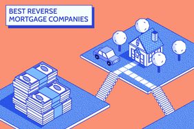 Custom illustration shows an orange background and blue and white squares with images of a stack of cash on one, and a house, with a car and yard on the other. They are connected by white steps. Title reads "Best Reverse Mortgage Companies."