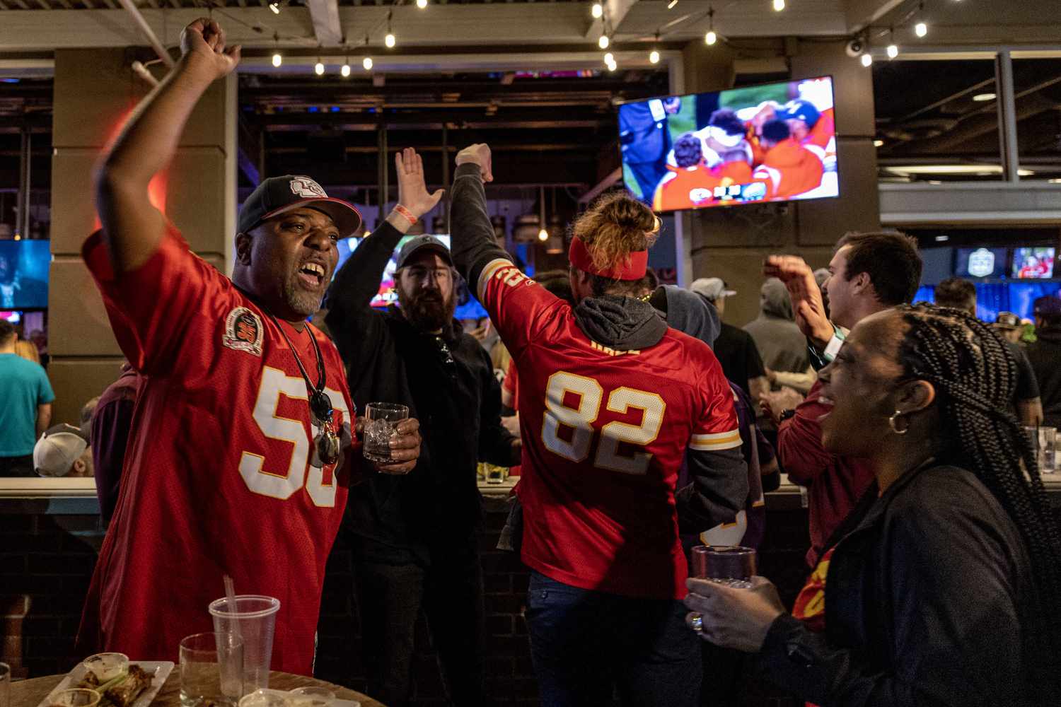 Fans celebrate the Kansas City Chiefs winning the Super Bowl LVII against the Philadelphia Eagles 38-35 at State Farm Stadium on February 12, 2023 in Glendale, Arizona.