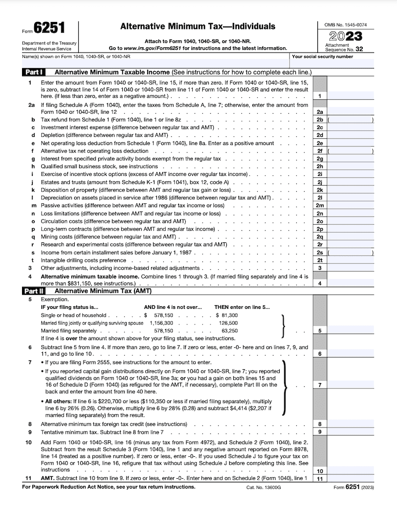 IRS Form 6251 2023