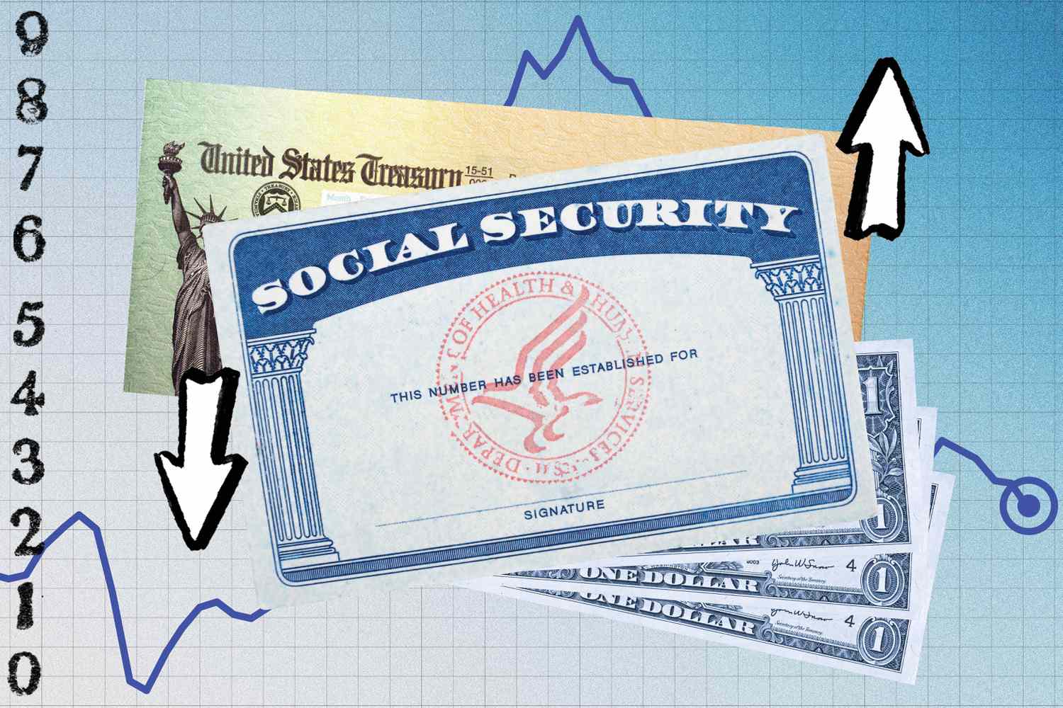 Social Security cards and checks are shown overlaid on a graph of inflation in this composite illustration.