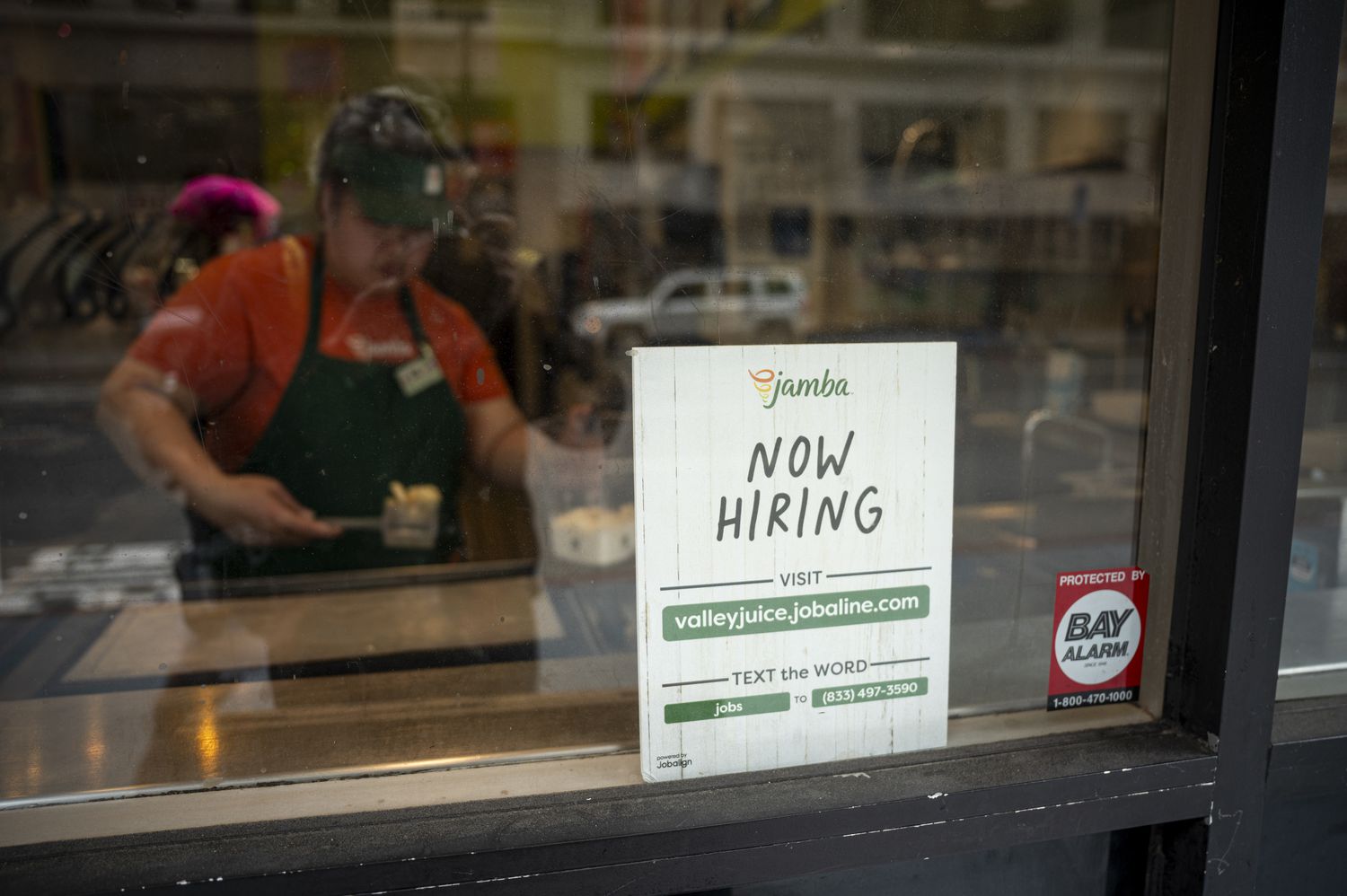 A "Now Hiring" sign at Jamba Juice in San Francisco, California, US, on Monday, June 26, 2023.