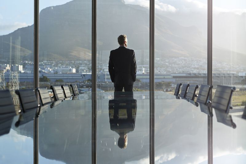 A CEO. alone in a conference room, enjoys an expansive view.