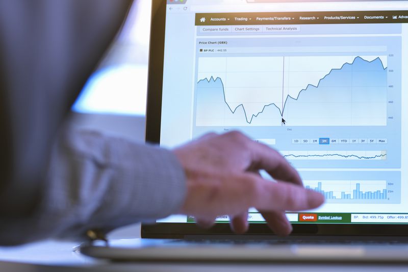 Investor viewing company share price market data on a laptop computer