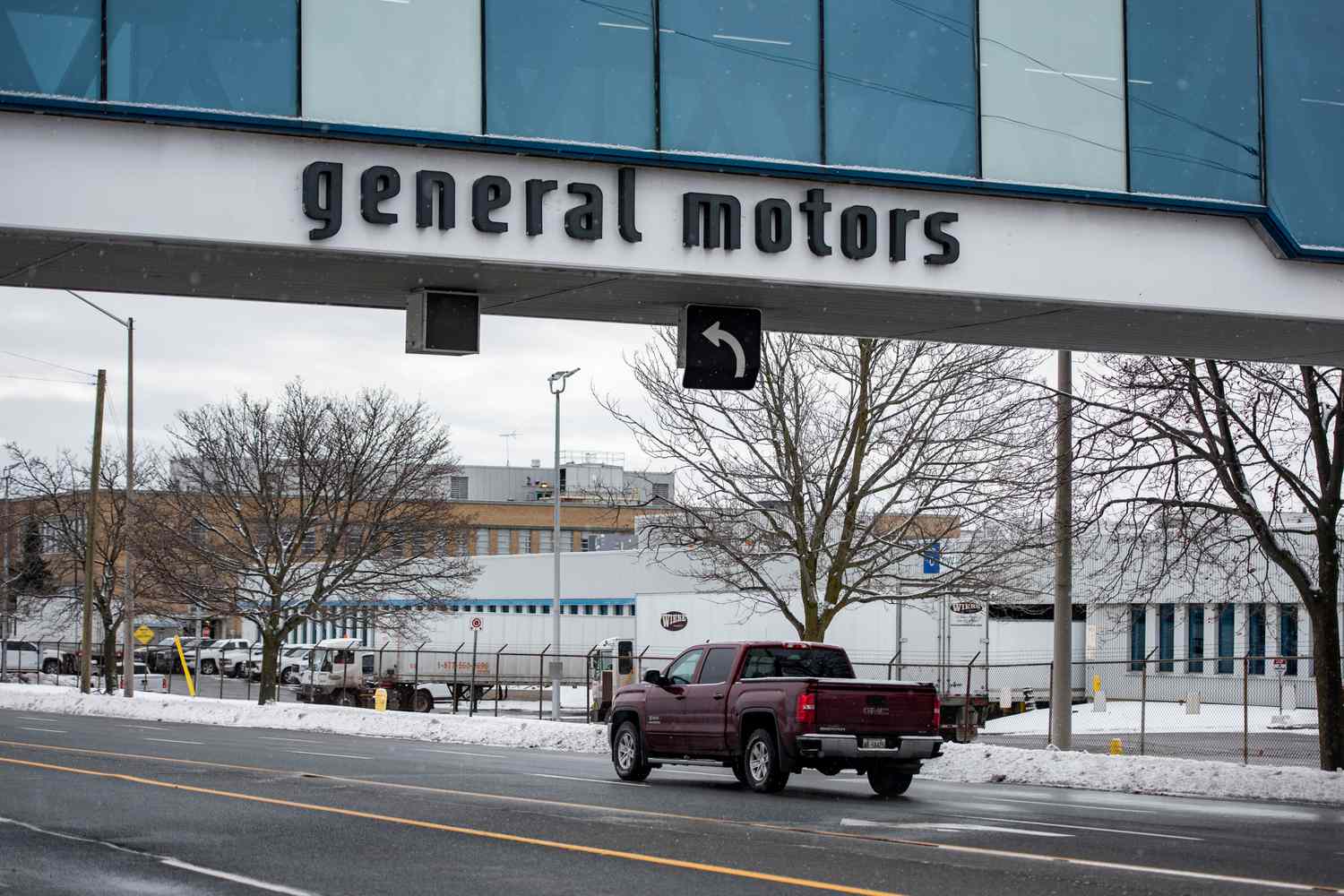 Signage outside the General Motors Canada Oshawa Assembly manufacturing facility in Oshawa, Ontario