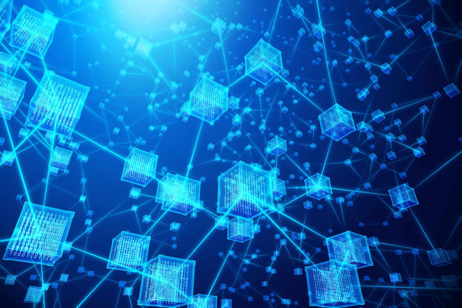 Blockchain concept of a transparent cube with encryption data code and network.