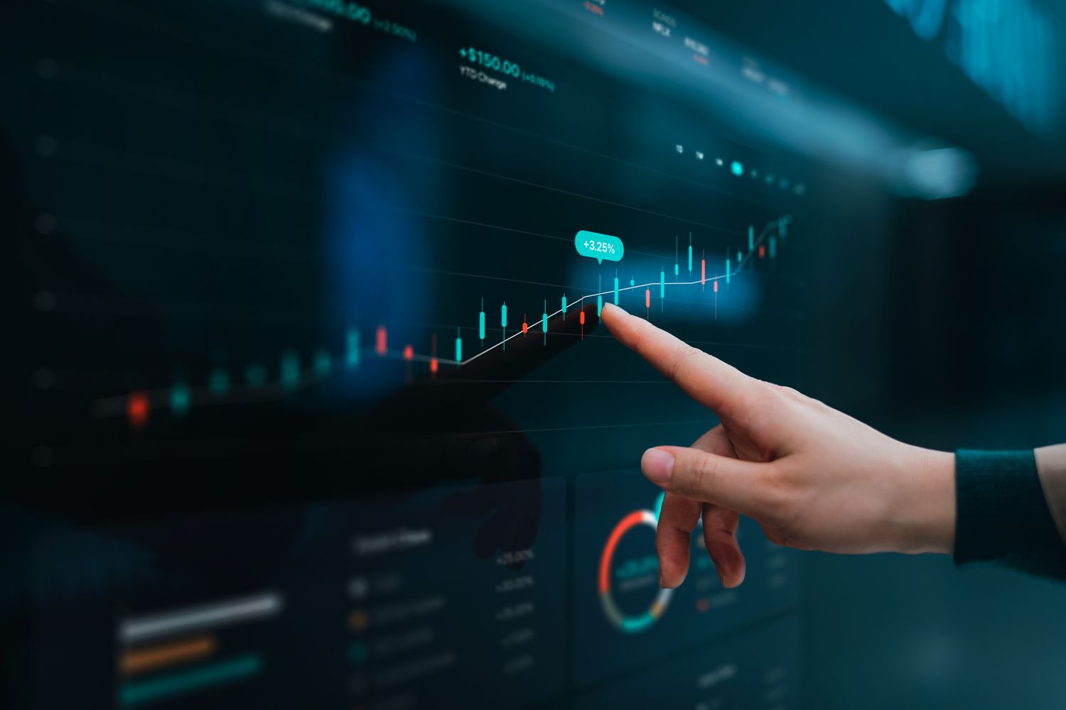 A person's hand pointing to a screen showing upward movement of stock market data