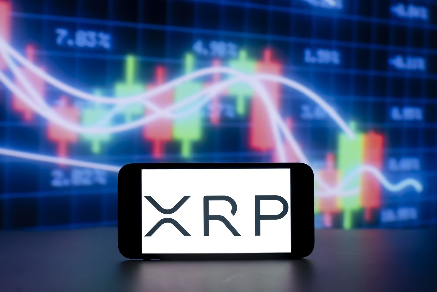 A photo illustration shows the XRP crypto coin logo on a cell phone screen, with stock market charts in the background.