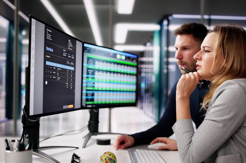 Two professionals look at two computer screens.