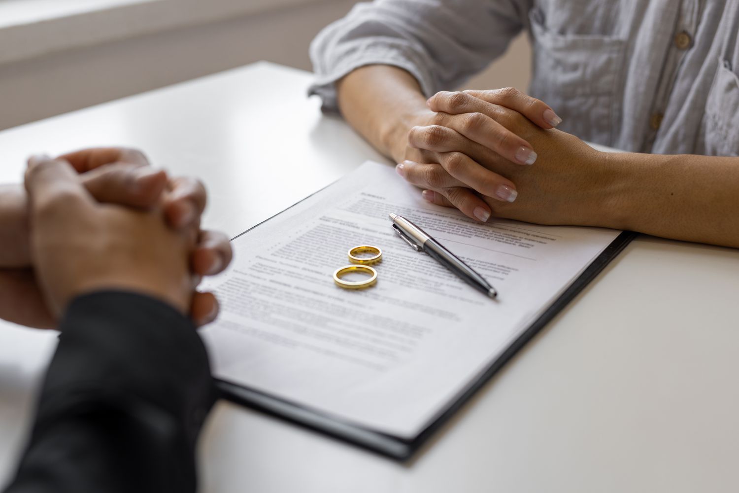 Divorce papers with wedding rings