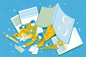 Illustration of a family looking at their bills. Yellow and blue colors.