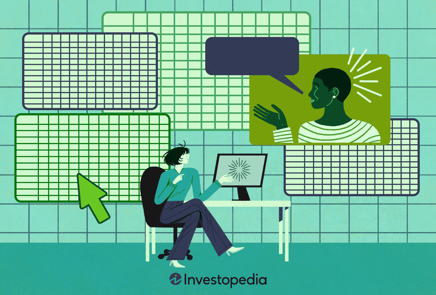 An illustration for Best Online Excel Courses shows a person seated at a desk while another person on a digital viewing screen speaks. The background consists of several overlapping spreadsheet grids.