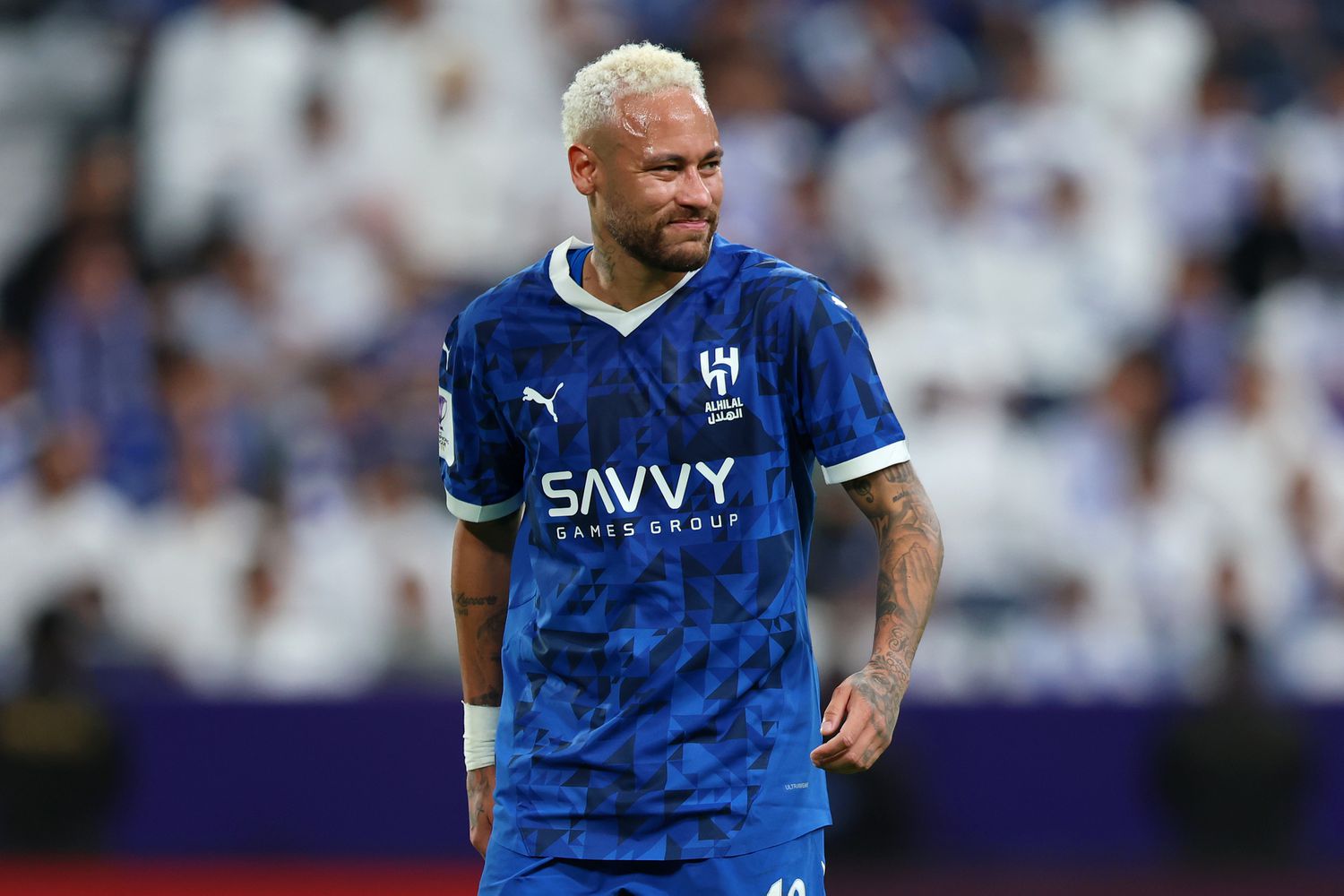 Neymar of Al-Hilal reacts with an injury during the AFC Champions League Elite match between Al-Hilal and Esteghlal at Kingdom Arena on November 04, 2024 in Riyadh, Saudi Arabia.