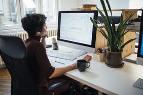 Woman sitting at a desk, studying charts on a computer. 