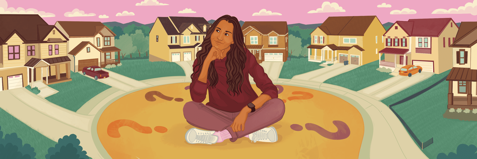 Person with long, dark brown hair sits in a neighborhood and thinks about their home buying dream. 