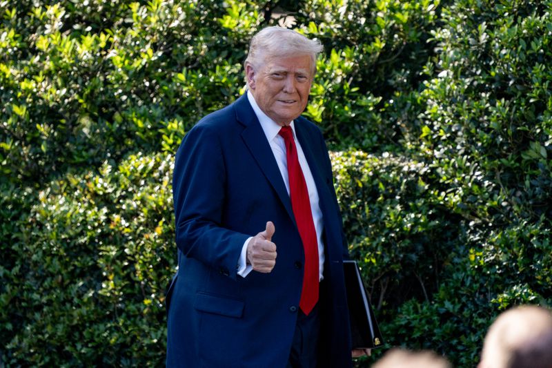 The US President Donald J. Trump appears to celebrate together with the 2025 Super Bowl Champions - The Philadelphia Eagles, on the south lawn of the White House in Washington, D.C. on April 28, 2025.