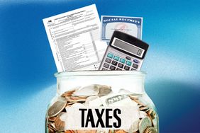 In this photo composite, a jar labeled "taxes" contains money, a calculator, a tax form and a social security card.