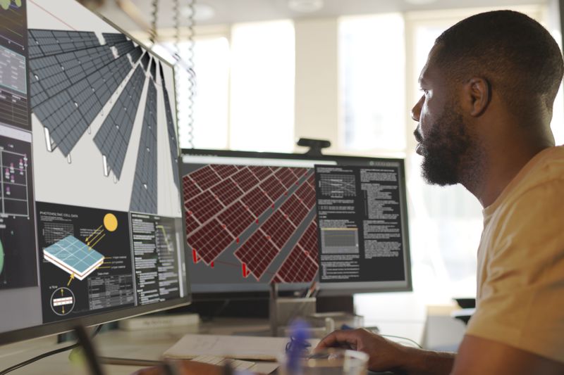 A CAD software designer sits at a desk with multiple screens building the plans for a new solar panel array.