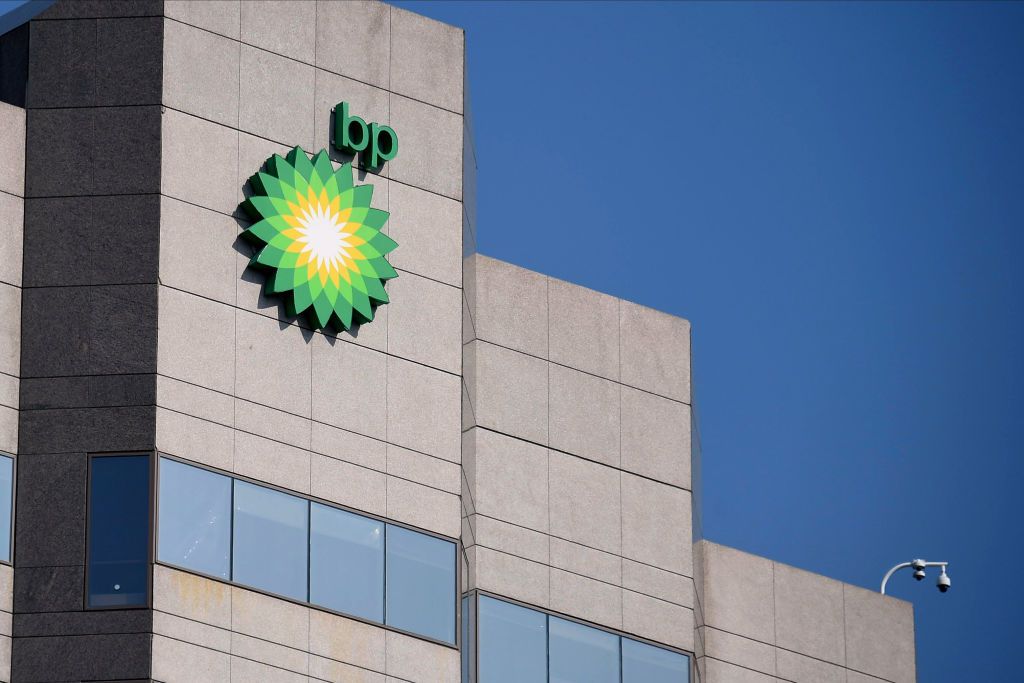 BP logo near the top of the BP Exploration Alaska headquarters.