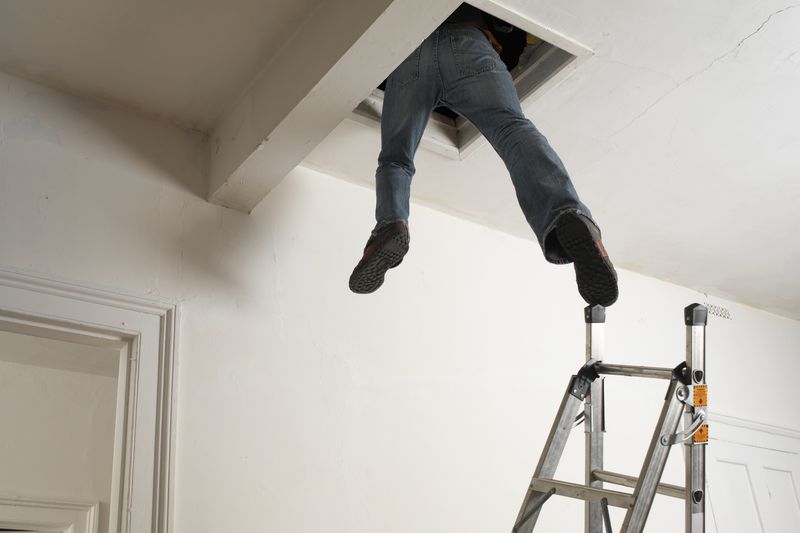 Man dangling out of loft hatch with one foot touching step ladder