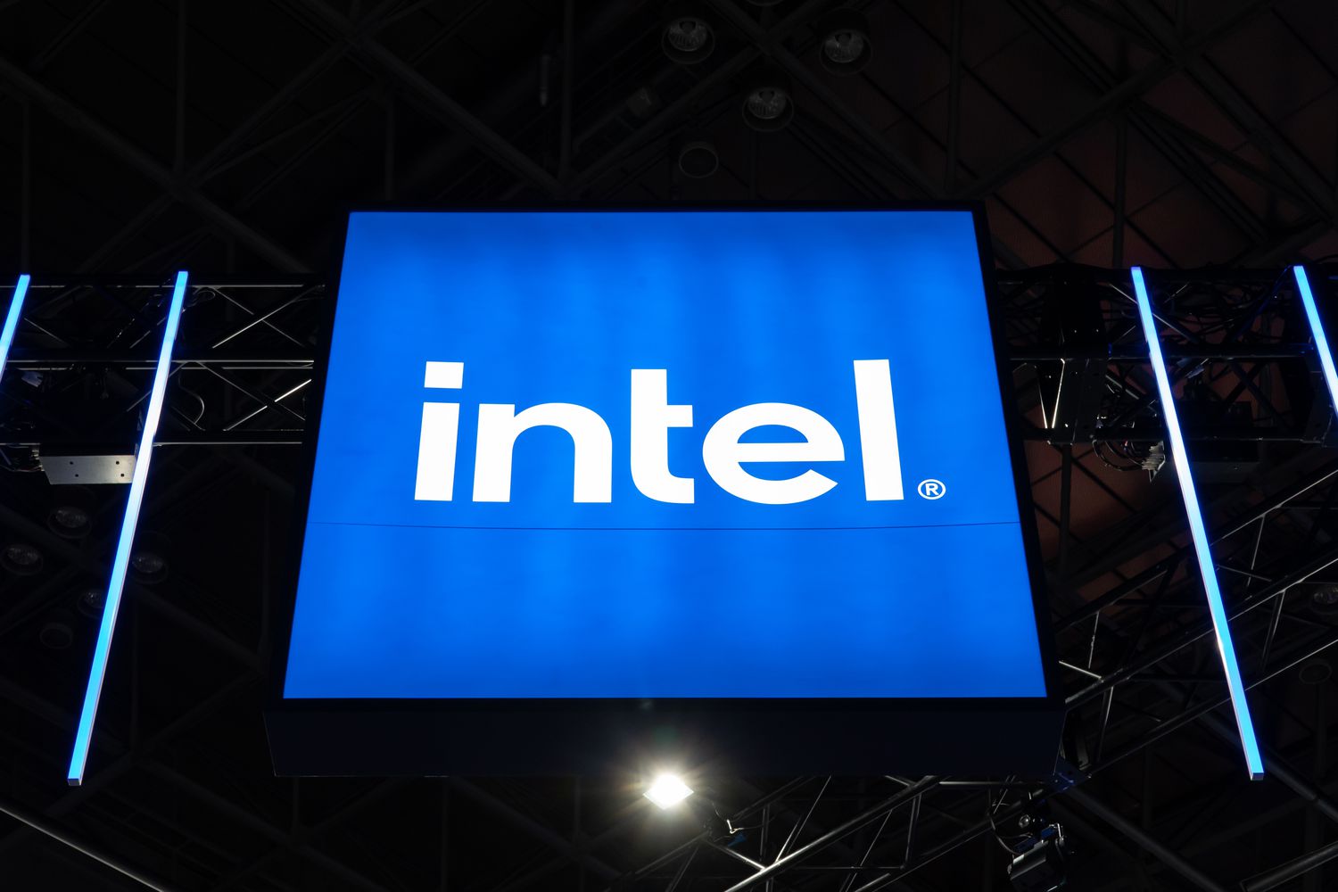 The Intel logo displayed at an event.