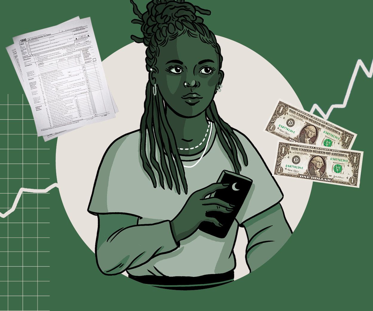 young woman holding iphone, thinking about money