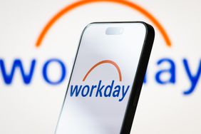 The logo of Workday, Inc. is displayed on a smartphone screen, with the company's orange-and-blue branding in the background
