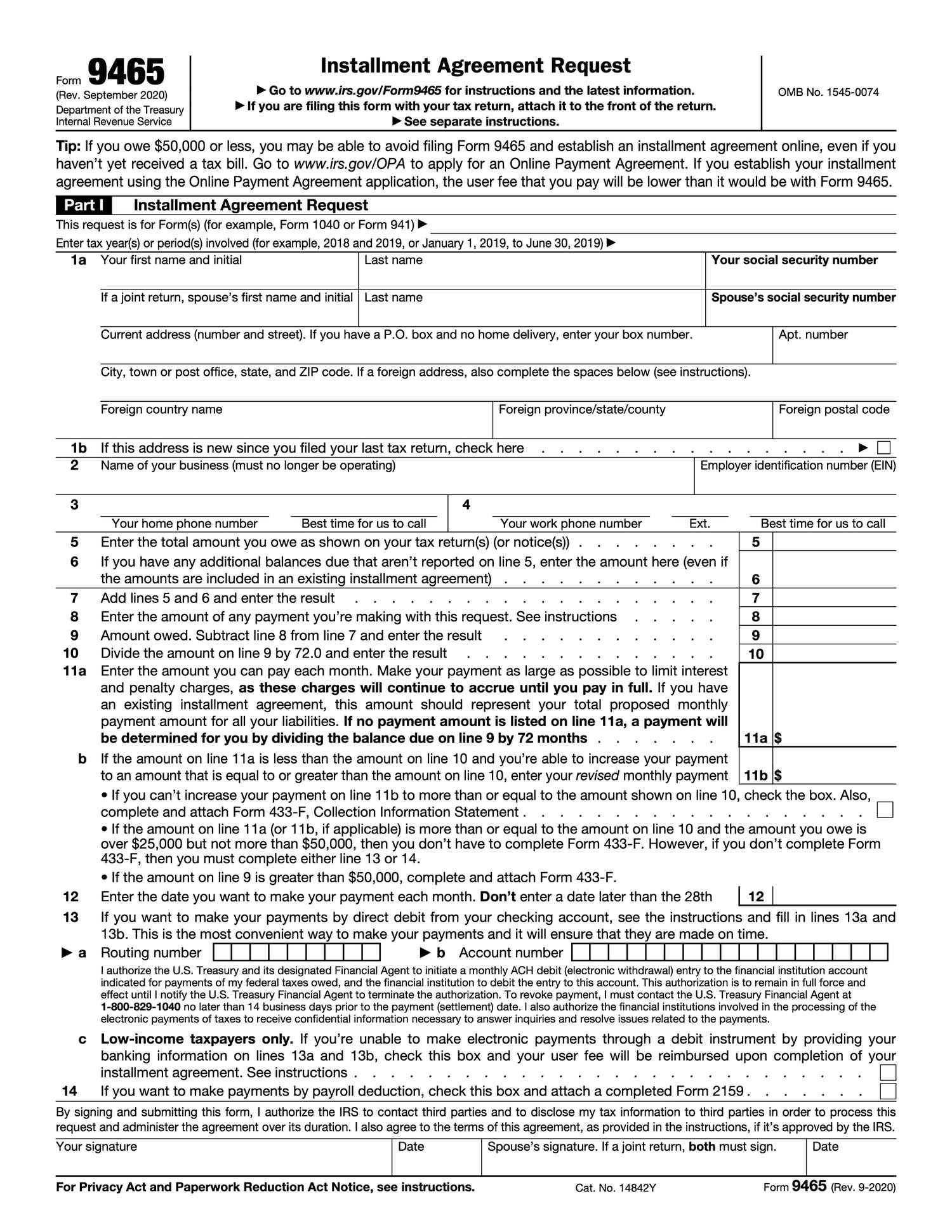 IRS Form 9465, revised September 2020.