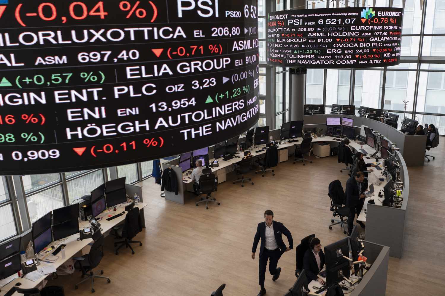 Trading data on digital boards at the Euronext NV stock exchange in the La Defense business district of Paris, France, on Tuesday, June 18, 2024. 