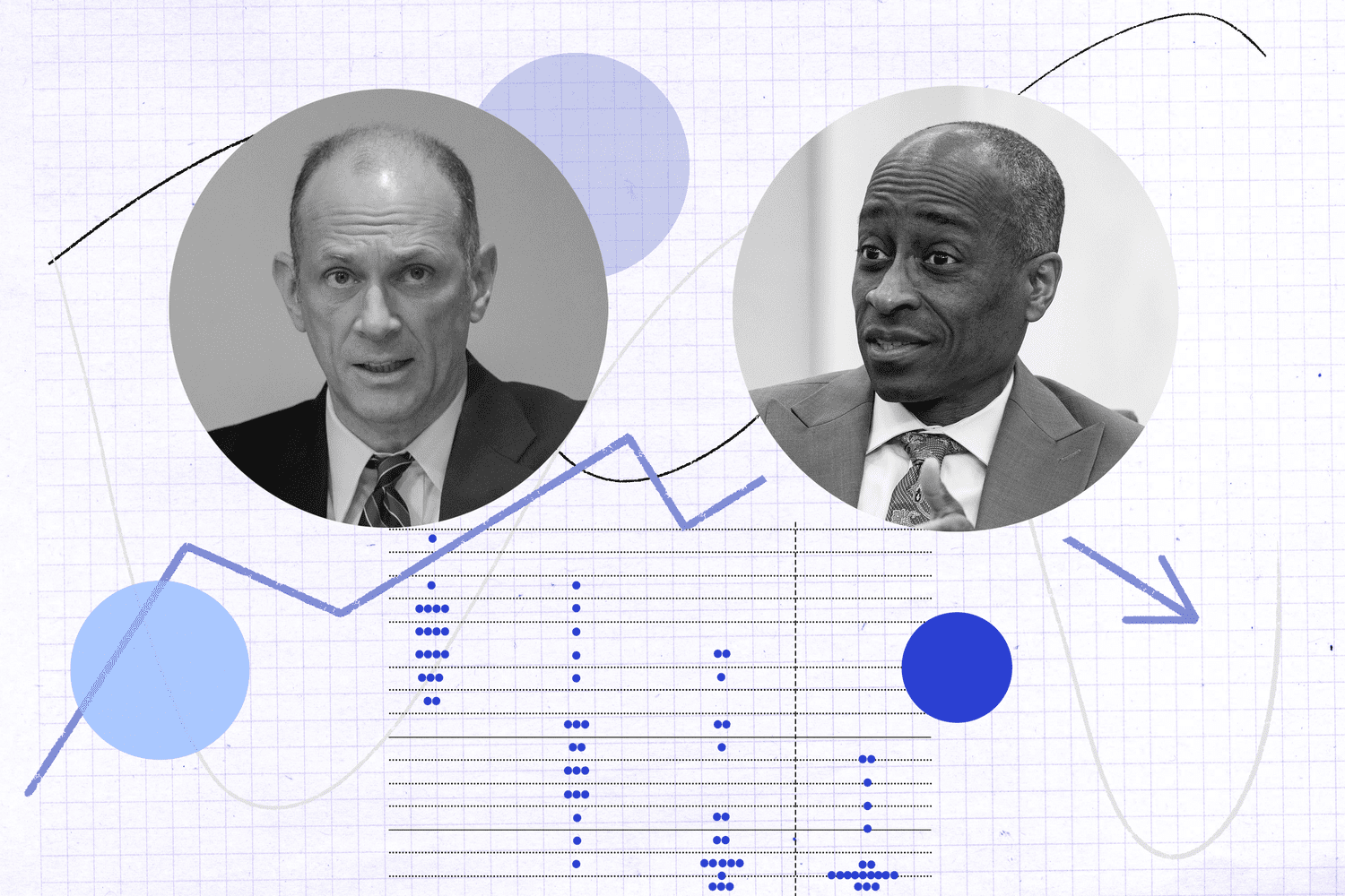 The Federal Reserve's Austan Goolsbee and Philip Jefferson on a dot plot background.