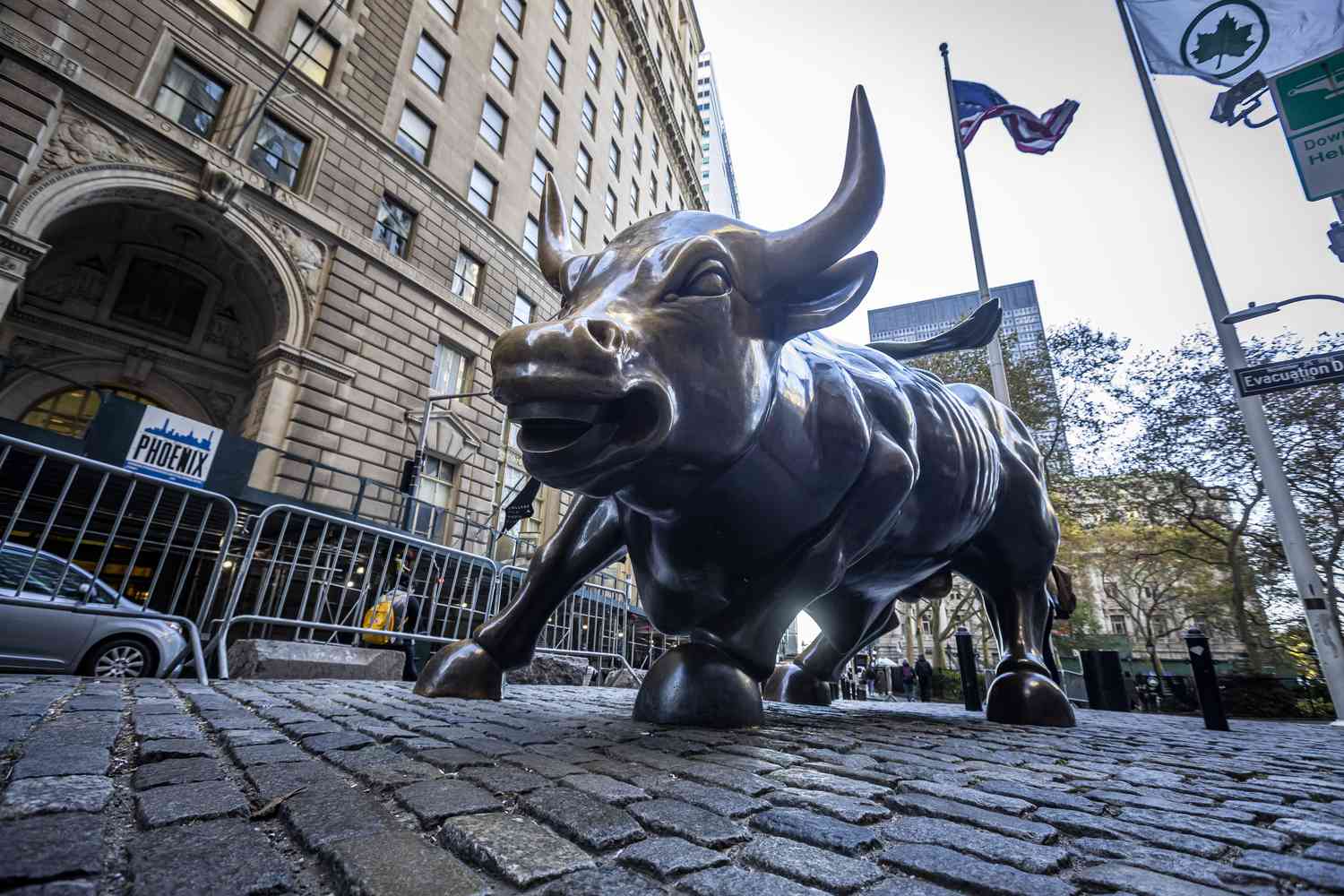 The Charging Bull bronze sculpture, also known as Wall Street Bull or Bowling Green Bull, in New York City