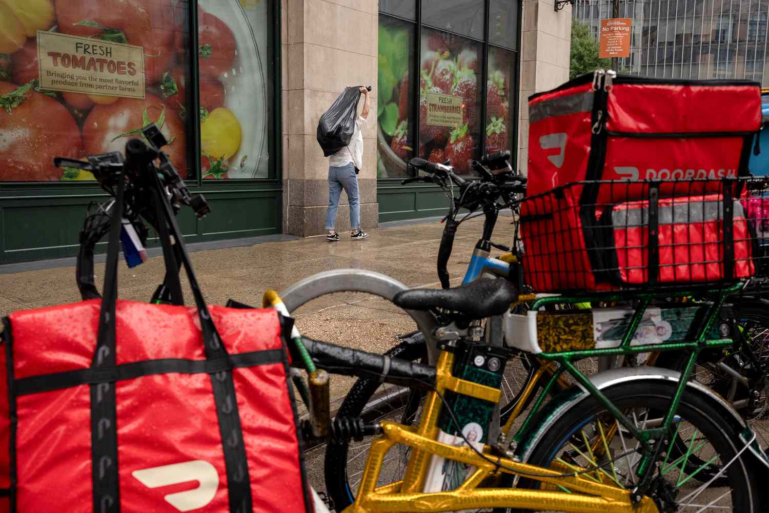DoorDash bags on bicycles in New York on Aug. 8, 2024