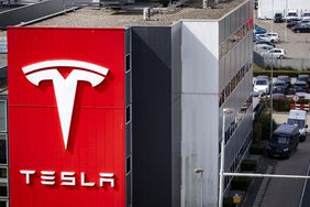 The logo on US electric carmaker Tesla's European headquarters in Amsterdam