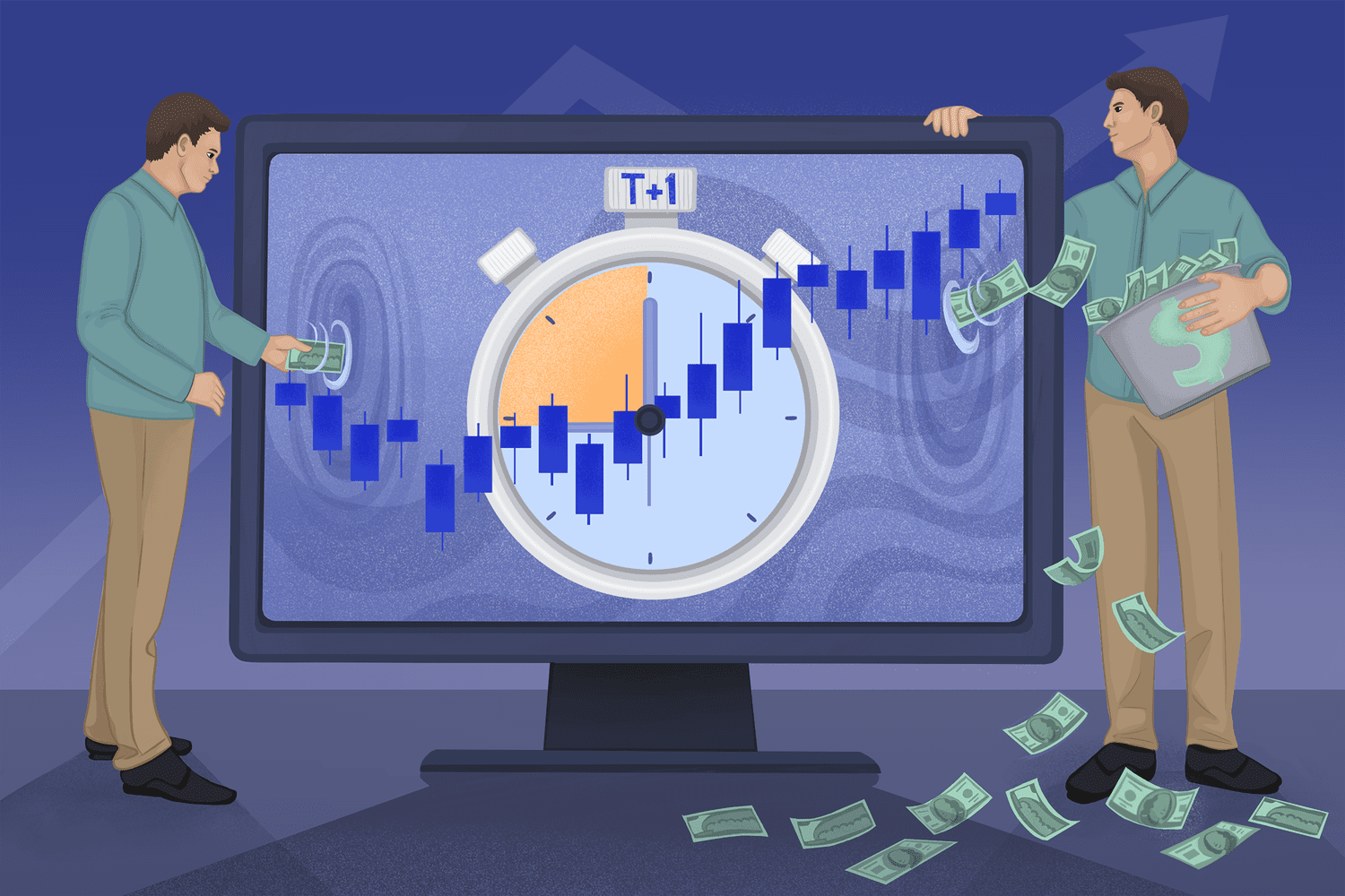 Illustration depicting stock trading settlement, with a dollar bill deposited in one side of a screen that has a clock face with T+1 label and many bills coming out of the other side and deposited in a basket.