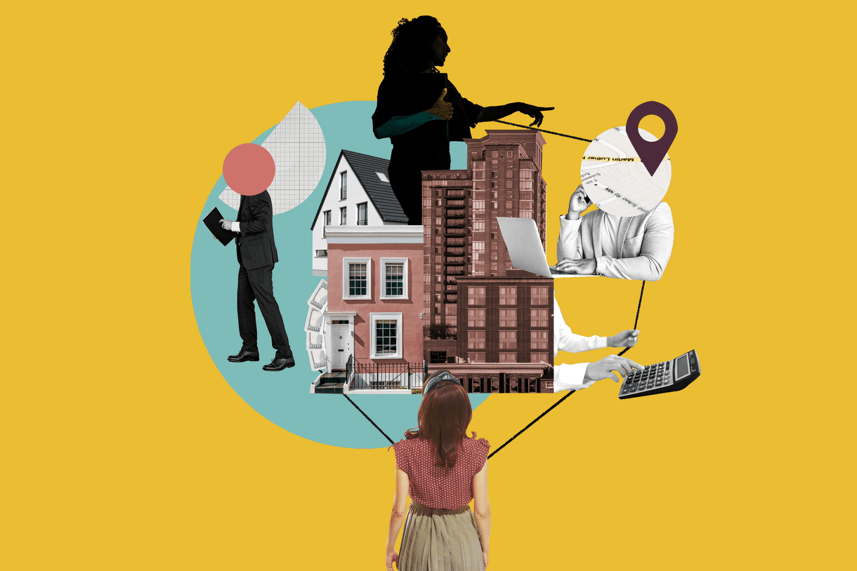 Collage of varying members of a homebuying team, surrounding a house.