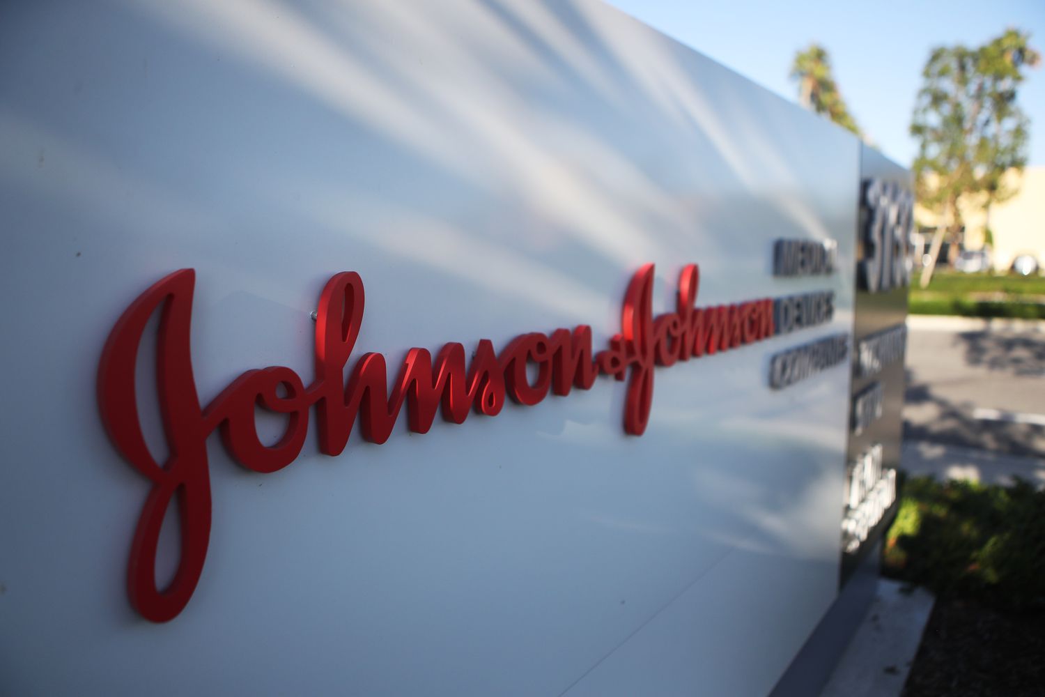 A sign is posted at the Johnson & Johnson campus on August 26, 2019 in Irvine, California.