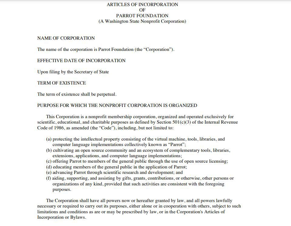 Parrot Foundation, Articles of Incorporation