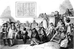 Engraving of a Quaker meeting in the 18th century