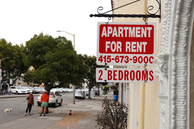 A sign is posted in front of an apartment building with available rentals on June 09, 2023 in San Francisco, California. 