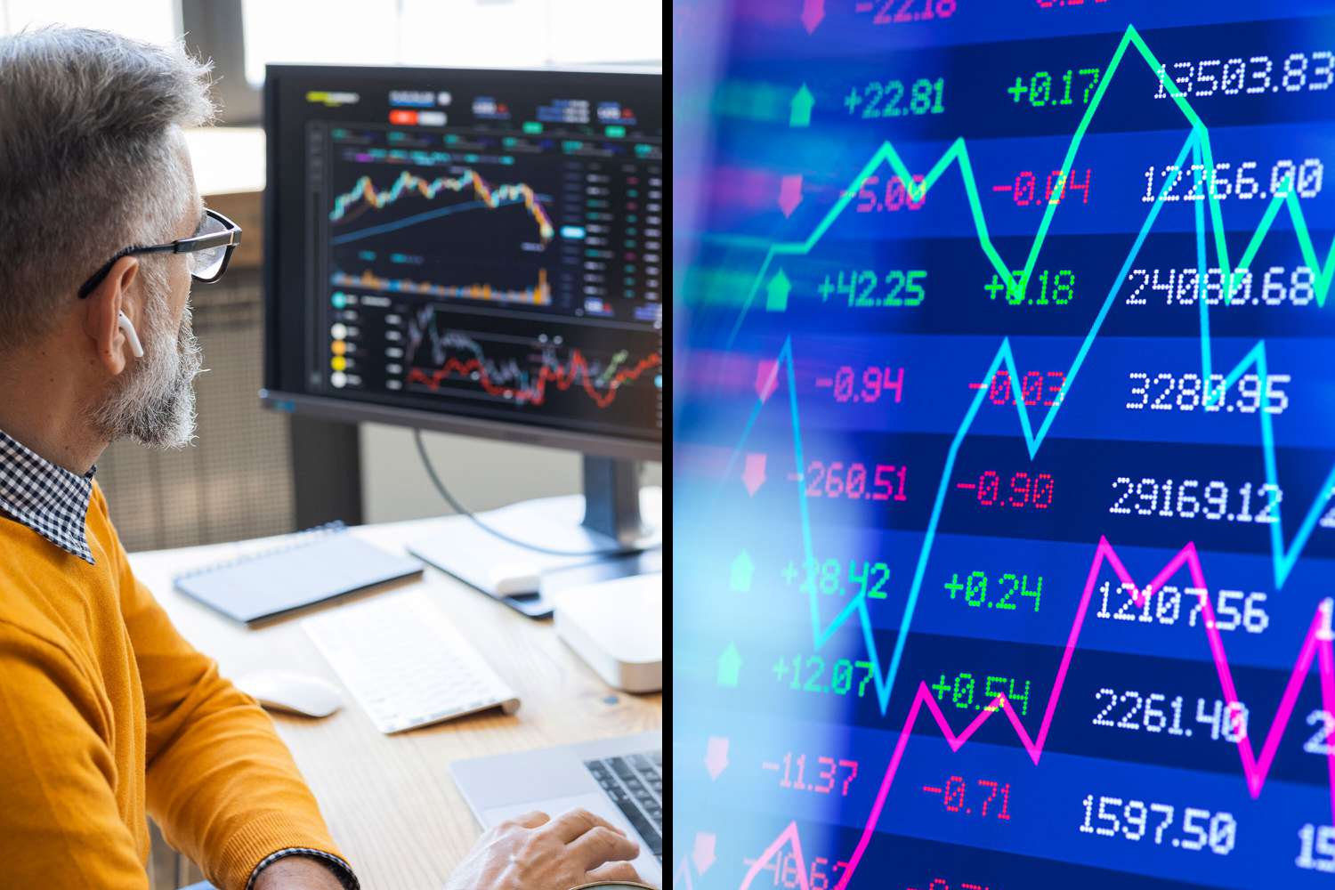 image of markets and investor looking at trading screen