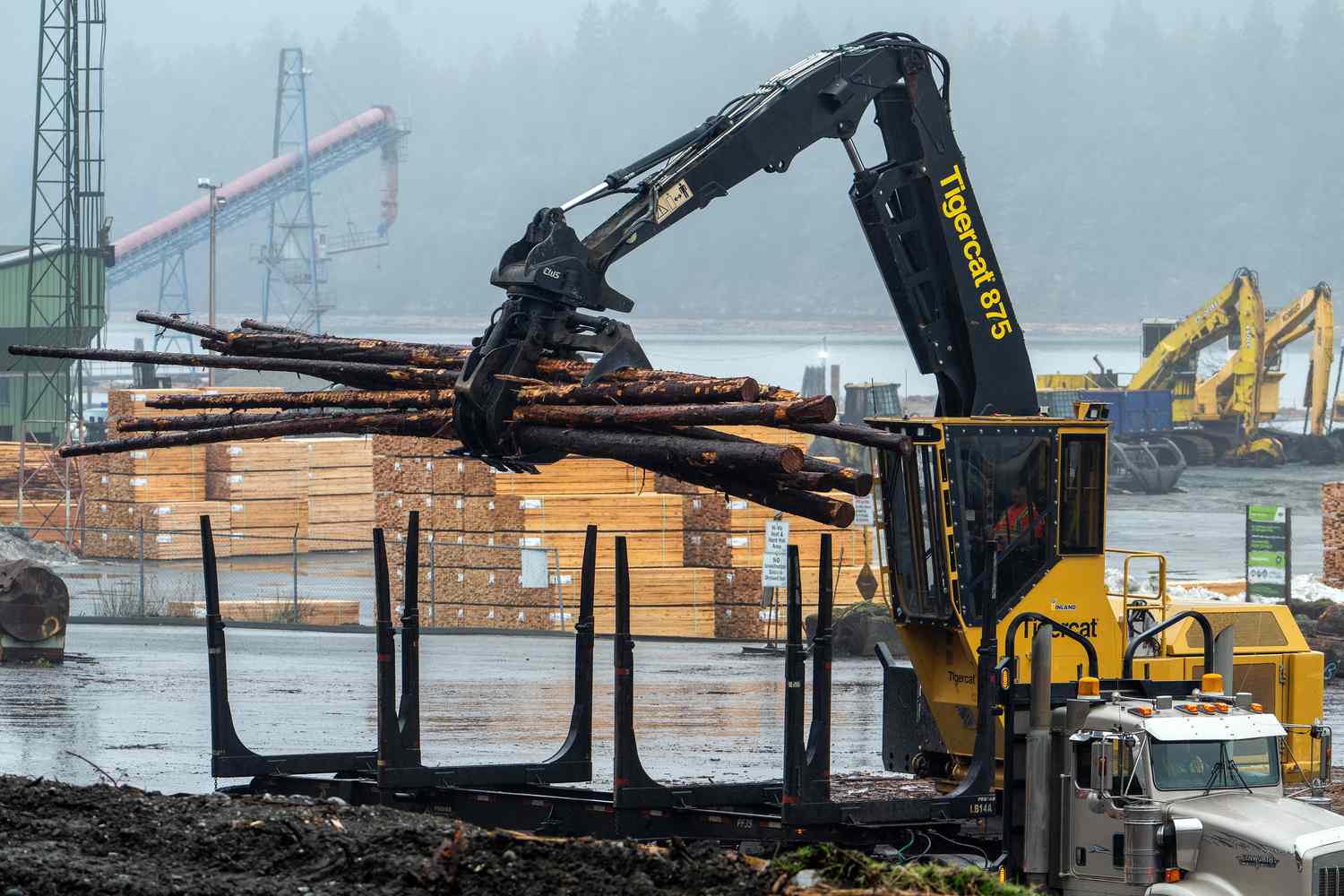 A worker loads logs onto a truck at the Western Forest Products Inc. Ladysmith Log Sort in Ladysmith, British Columbia, Canada, on Tuesday, Feb. 18, 2025. 