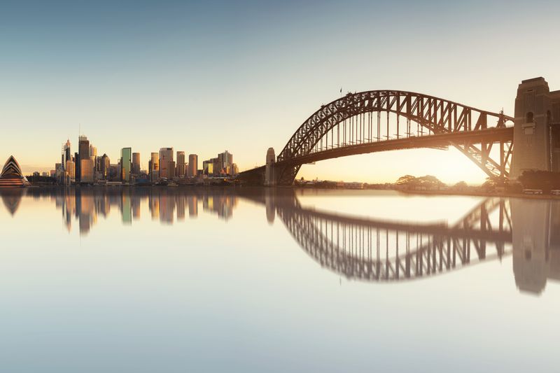 Panorama of Cityscape image of Sydney, Australia with Harbour Bridge and Sydney skyline during sunrise.