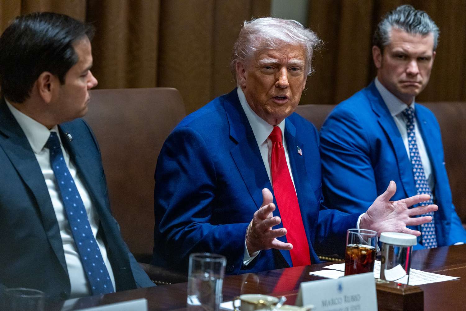 Marco Rubio, US secretary of state, from left, US President Donald Trump, and Pete Hegseth, US secretary of defense, during a cabinet meeting at the White House in Washington, DC, US, on Thursday, April 10, 2025.