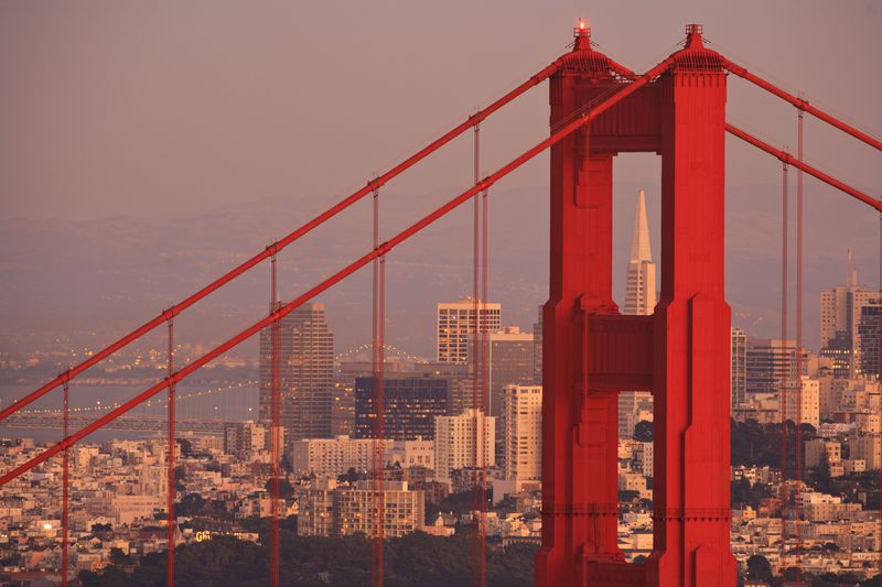 View From Golden Gate National Recreation Area Golden Gate Bridge With City Of San Francisco In The Background; San Francisco California Coast United States Of America