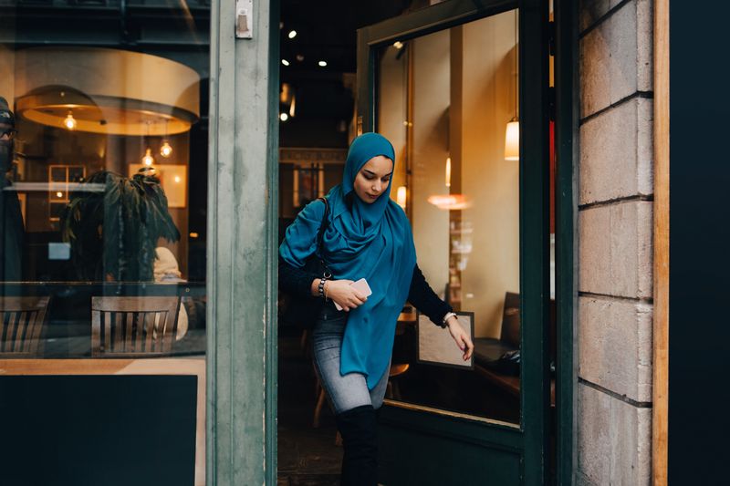 Woman leaving a store
