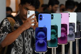  iPhone 16 models kept on display at the Apple store in in Mumbai. 