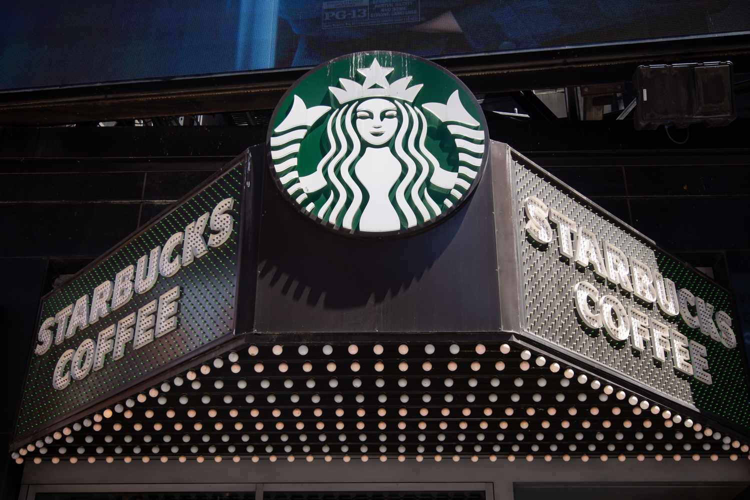 The sign in front of a Starbucks store in New York City. 