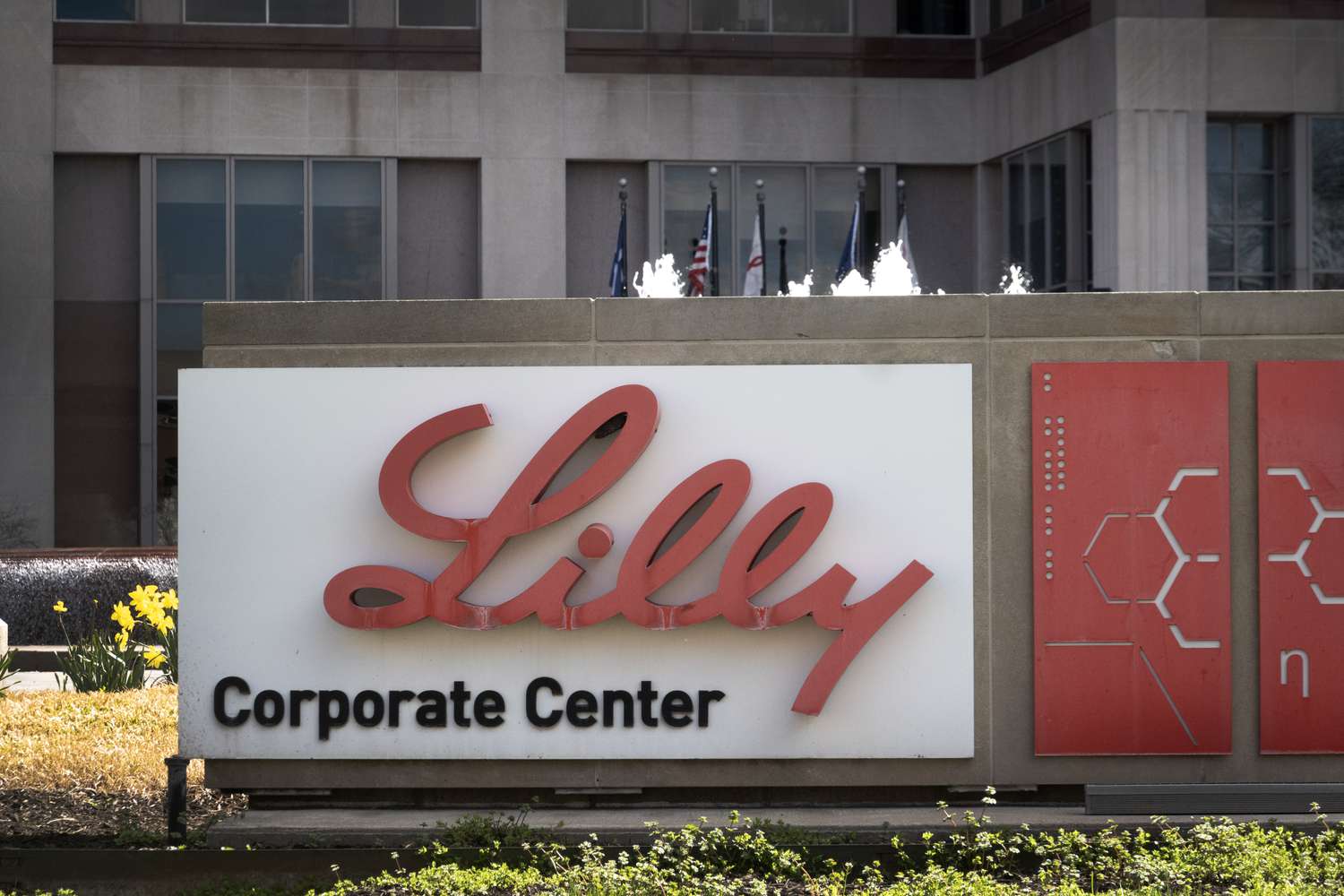 A sign in front of Eli Lilly headquarters.