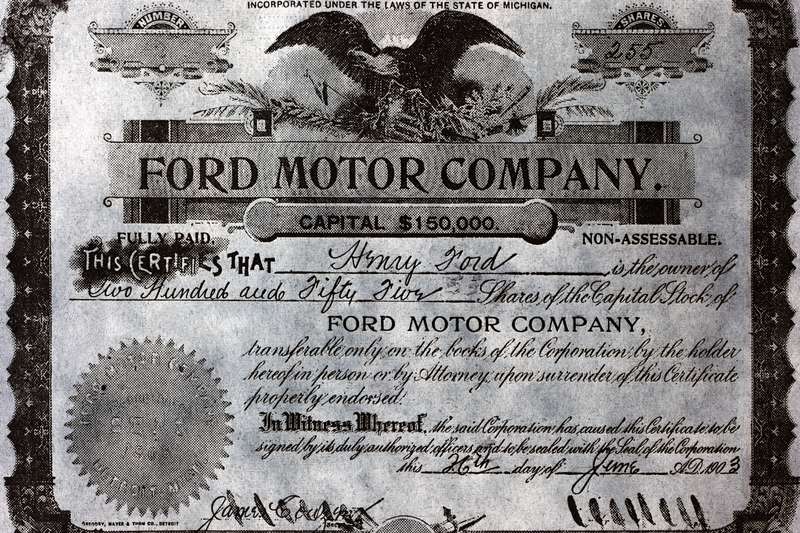 An old stock certificate of the Ford Motor Company.
